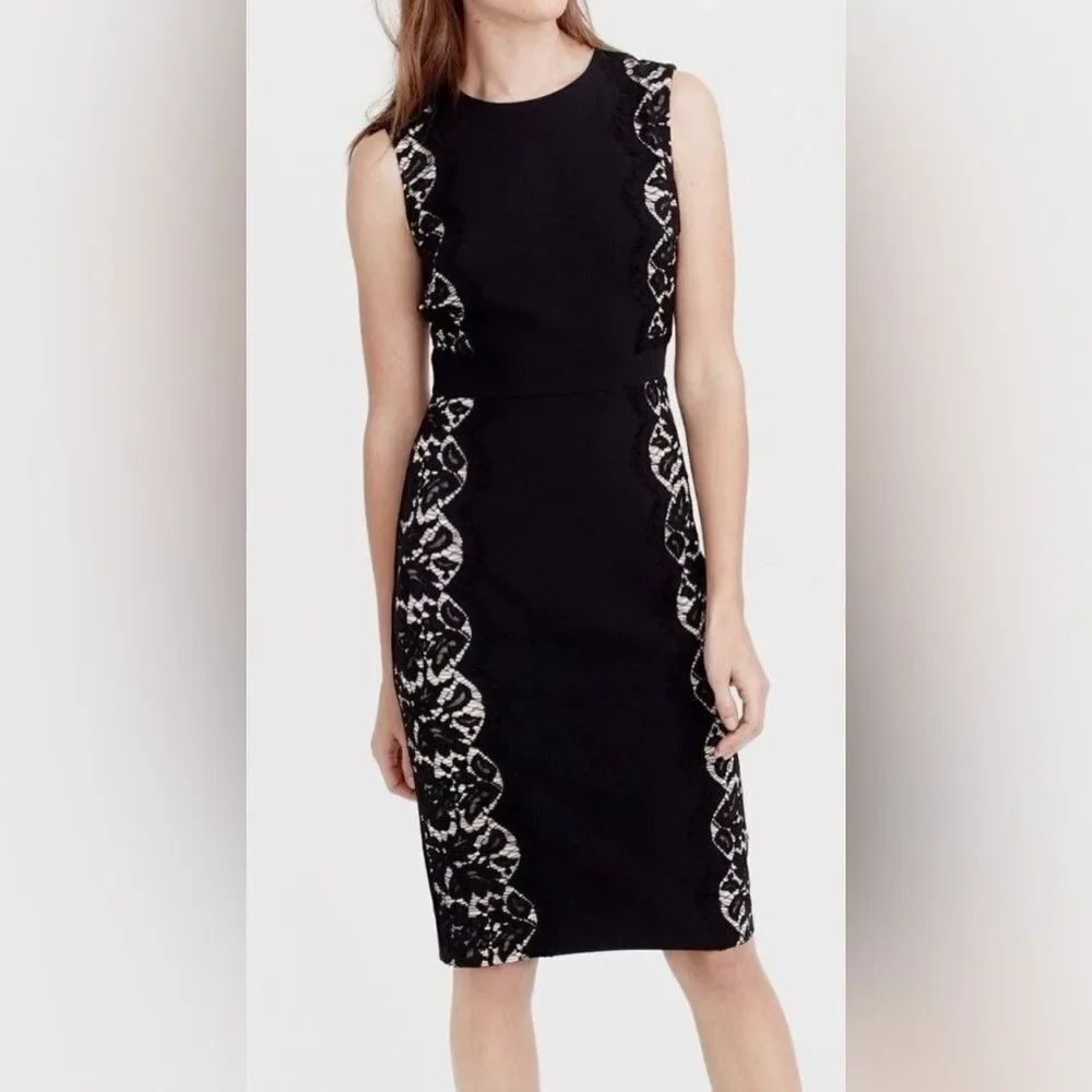 J crew lace trim black sleeveless fitted sheath dress above the knee size 4